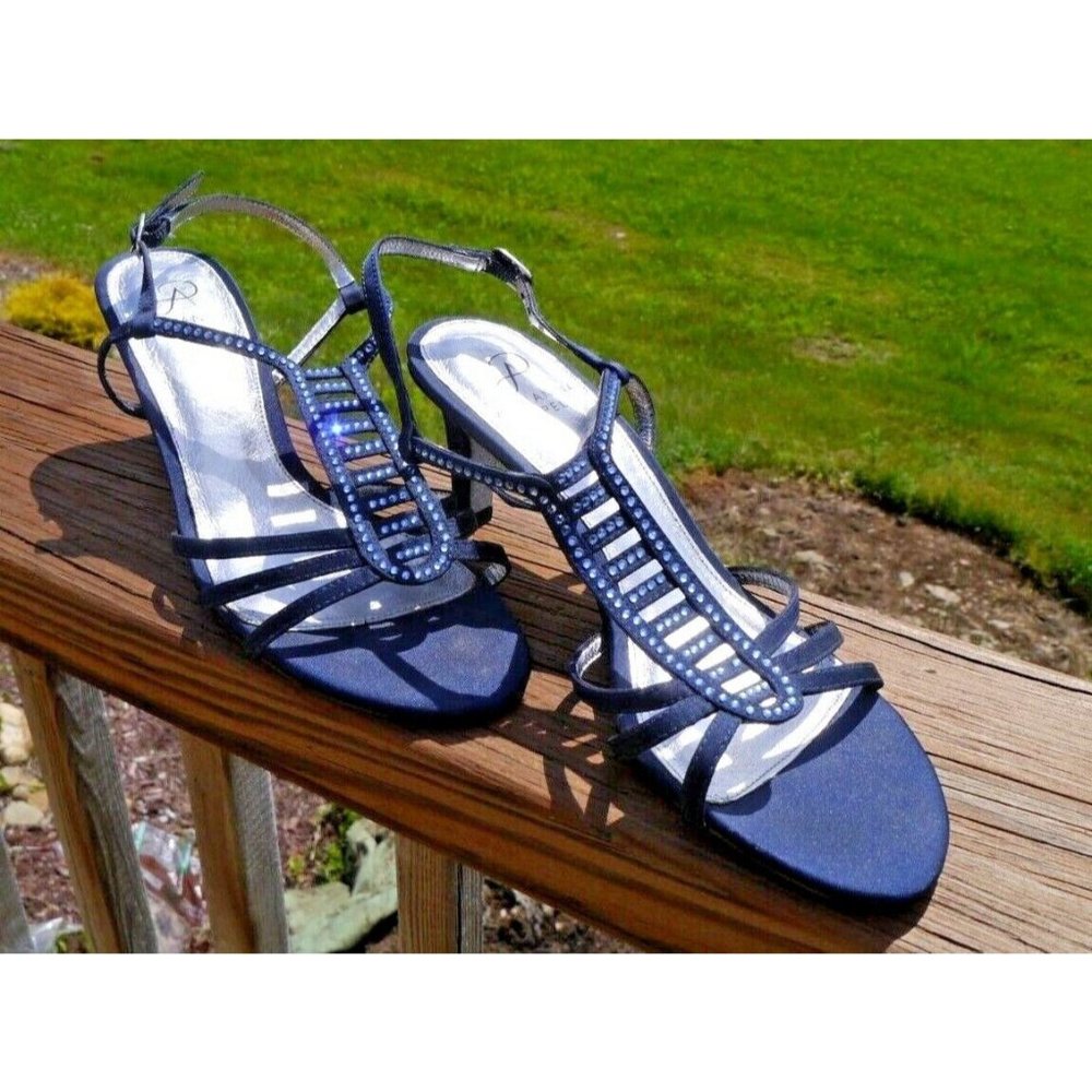 Adrianna Papell Sandals Shoes Heels Navy Blue Rhinestone Evening Event